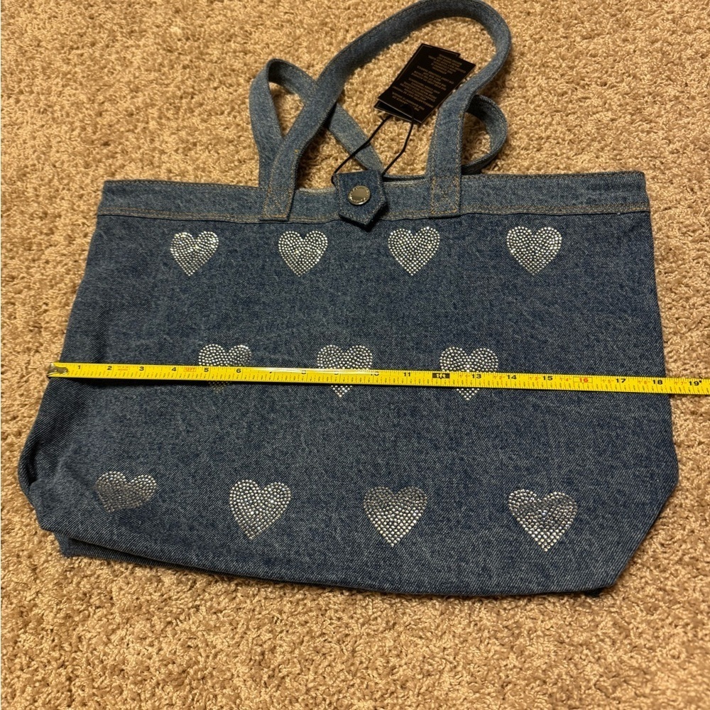 DG2 from HSN Blue Denim Tote Bag with Rhinestone Heart Accents New - Picture 3 of 5